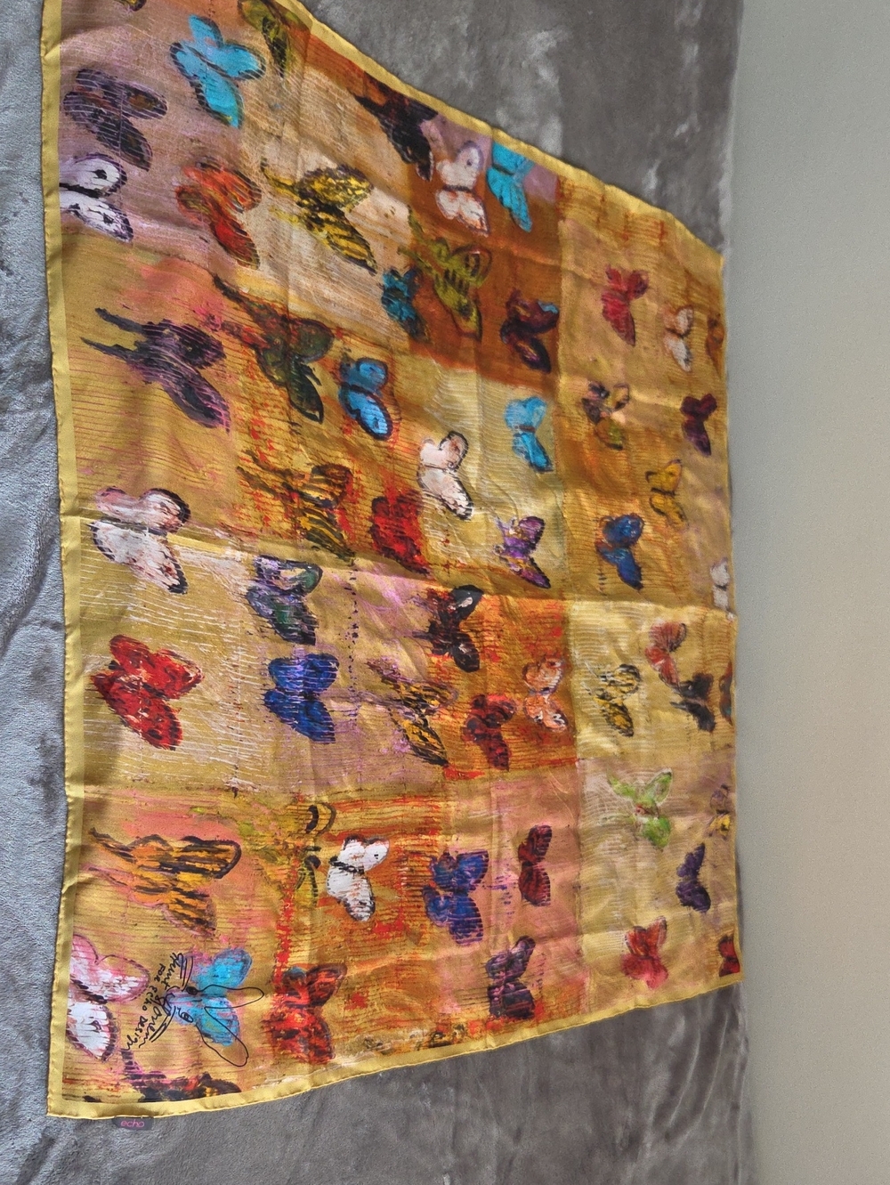 Echo By Hynt Slonem Yellow Butterfly Print Lightweight Hand Rolled Edge Scarf